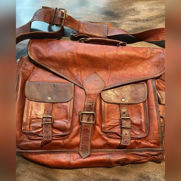 Vintage Komal’s Passion Leather Men’s Satchel Brief Case Brown 16 X 12” Pockets